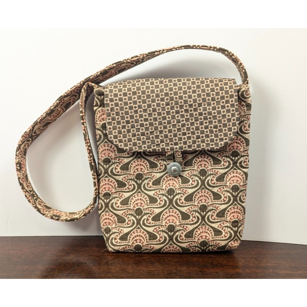 JenBags.com Quilted Shoulder Bag Brown Pink Geometric Cotton Messenger